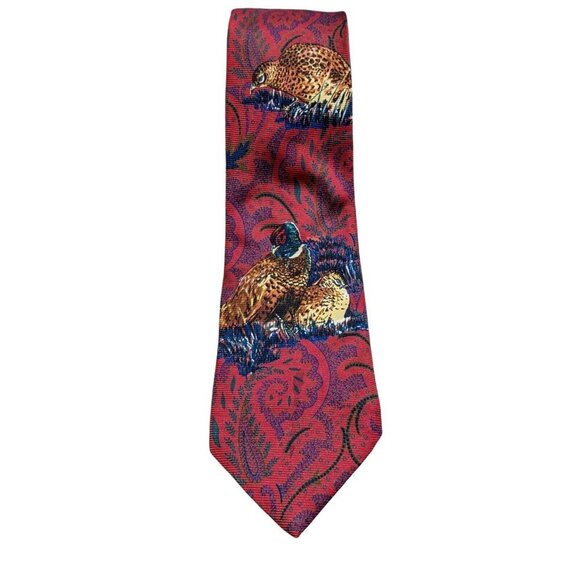 Vintage Lands End Mens Necktie Silk Pheasant Paisley Print Hand Made in USA - Picture 1 of 7